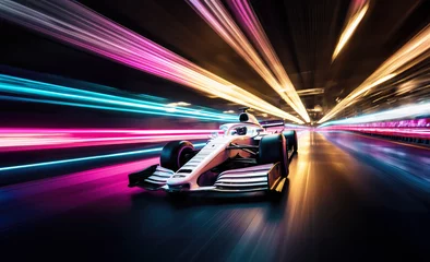 Foto op Canvas Colourful neon race car on the race track, Formula 1 at night competing at high speed in motion blur, light trails  © Michael