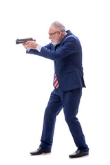 Old policeman with gun isolated on white