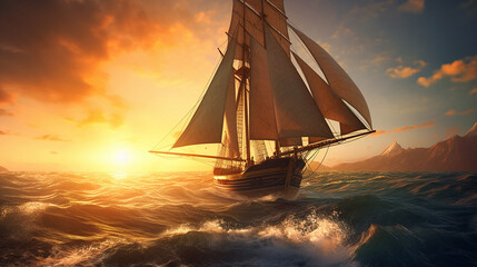 Fototapeta premium Follow wind sailboat sea sunset high elements sailing image Ai generated art