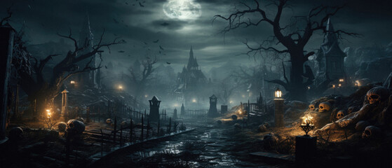 Happy Halloween background spooky scene, creepy dark night jack o lantern pumpkins and spooky graves on graveyard ghosts horror gothic evil cemetery landscape. Mysterious night moonlight backdrop.