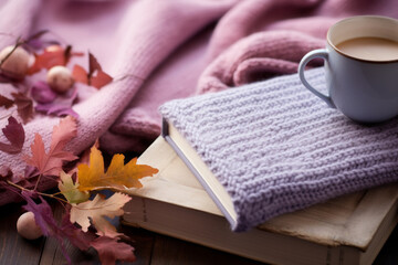 A warm and cosy composition of a book with a knitted wool cover, autumn fallen leaves and coffee. Concept of relaxing reading in autumn, Pastel purple.