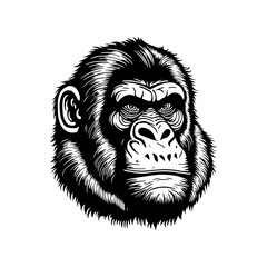 cartoon gorilla head in style of linocut engraving, woodcut, black and white, white background.	
