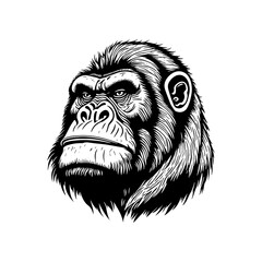 cartoon gorilla head in style of linocut engraving, woodcut, black and white, white background.	
