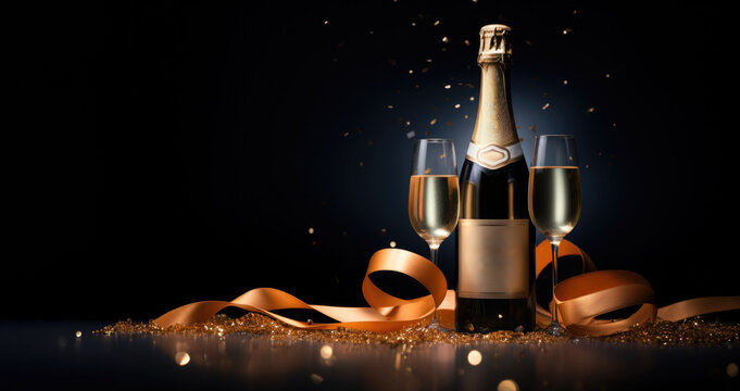 Capture the New Year's spirit with a banner featuring a champagne bottle and space for your text, making it ideal for brochures, cards, or covers.