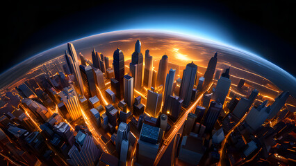 Buildings rising at night on Earth. Magnificent 3D city view. Buildings rising between rivers and streams