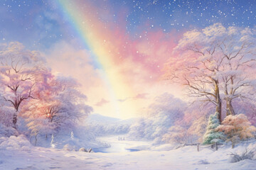 Vintage Christmas and New Year snowy landscape background in shades of pastel rainbow colors.