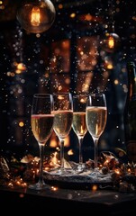 The soft illumination of Christmas lights creates a cozy backdrop for the champagne glasses, enhancing the festive spirit.