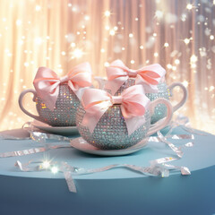 Vintage sparkling tea or coffee cups with zircons in pastel shades of rainbow colors. Retro fashion lifestyle concept.
