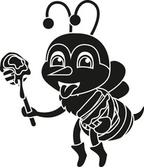 Black and White Cartoon Vector Illustration of a Flying Bee with Tongue out and Stinger Holding A Honey Stick