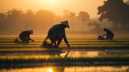 asian chinese farmer workers working at rice farm fields and harvesting rice. vintage clothing with straw hats. beautiful sunrise in morning. pc desktop wallpaper background. 16:9, 4k. Generative AI