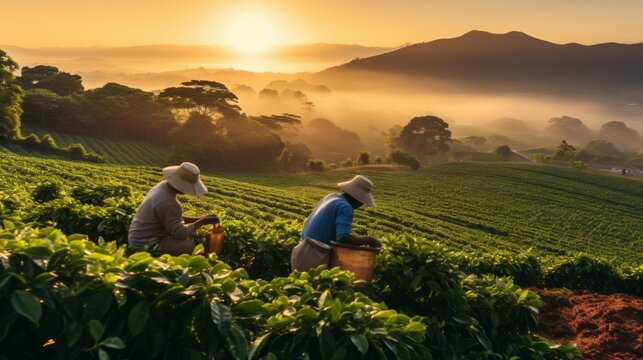 brazilian farmer workers working at coffee plantation fields harvesting beans. vintage clothing with straw hats. beautiful sunrise in morning. pc desktop wallpaper background. 16:9, 4k. Generative AI