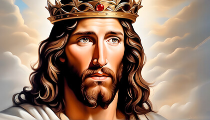 Jesus Christ wearing a golden crown in heaven in oil painting style
