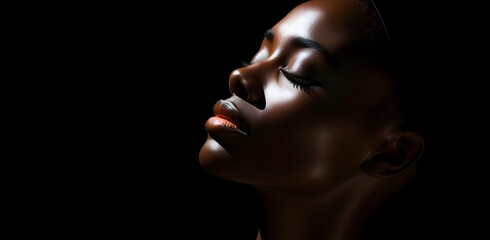 portrait, black woman's face on a black background, close-up, fashion photography, black and white effect, cosmetics