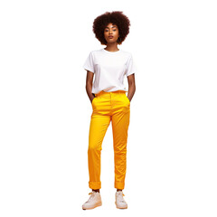 Fototapeta premium A stunning woman with a radiant look poses confidently in a white t shirt against a vibrant transparent background