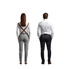 Business partnership symbolized by young man and woman in pose against transparent background