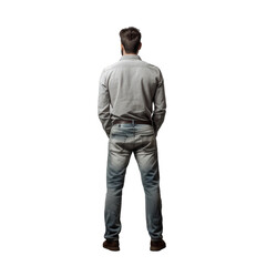 Naklejka premium A man in jeans gazing upwards isolated on a transparent background seen from behind