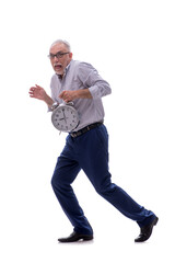 Old businessman in time management concept isolated on white