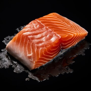 Fresh Organic Salmon Fish Photorealistic Square Illustration. Healthy Seafood Diet. Ai Generated bright Illustration on Dark Background. Gourmet Salmon Fish.