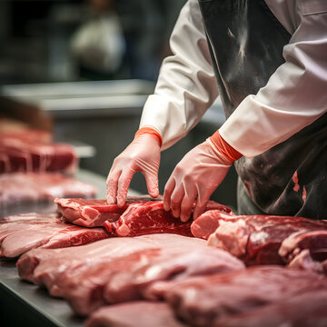 A Butcher handling different cuts of beef steak. Generative ai. 