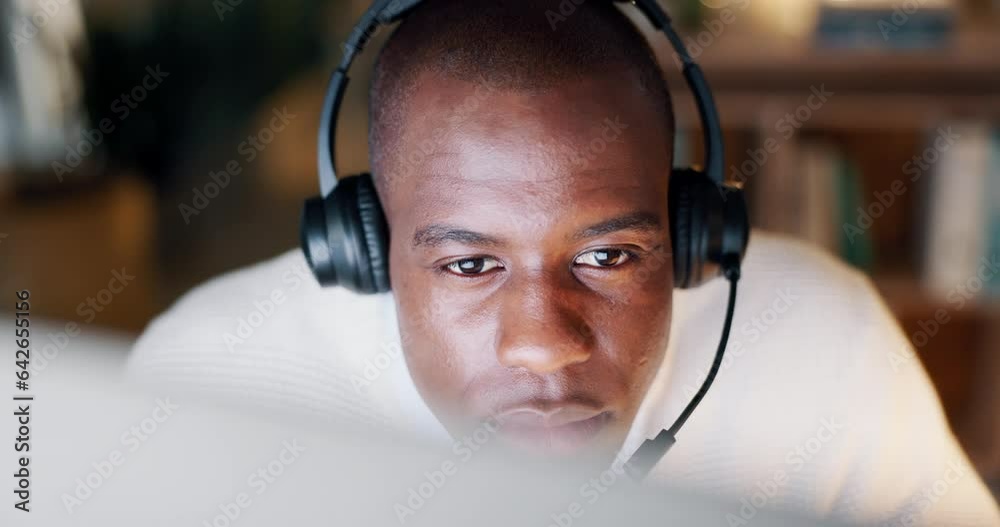 Aufkleber Man, call center and analysis on computer in technical support, ecommerce solution or night research. African person, agent or IT consultant of information technology, web or software problem solving