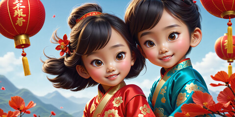 Beautiful Chinese New Year illustration with two smiling children dressed in national festive clothes, with red sky lanterns and other holiday symbols. Generative AI