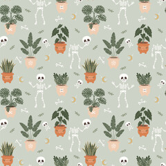 Halloween seamless pattern with Cute Skeletons dancing in the garden on sage green background. Vector holiday illustration for Day of the dead. Perfect for wrapping, fabric, home decor and Textile