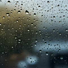 A window pane covered in rain drops from a rainstorm. A weather and seasons concept. Generative ai. 