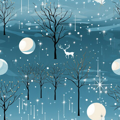 Seamless pattern for christmas with snow, bare trees and snowflakes.