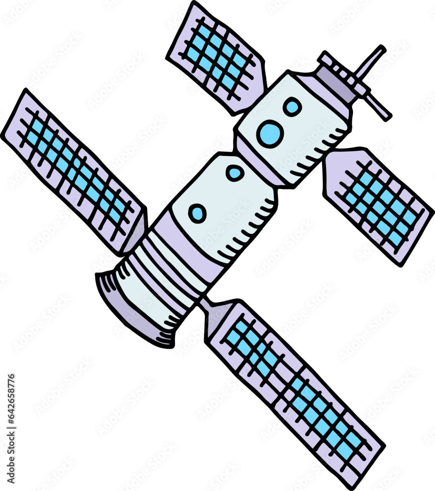 Poster space station doodle. orbit spacecraft with solar panels