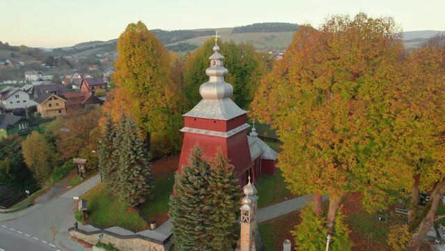 Aerial view of the Lemkos church of St. Cosmas and Damian in Tylicz, Poland
