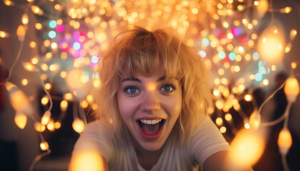 Portrait of a happy young woman in middle of fairy lights