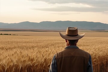 a man wearing a cowboy hat standing in a wheat field with mountains in the background and cloudy skies above him
