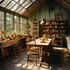 Rustic green house no light dining room with table
