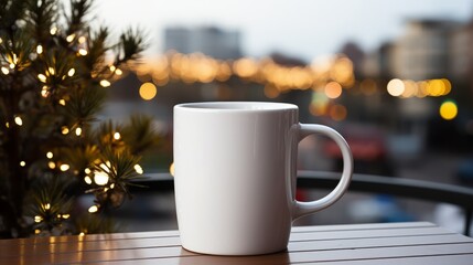Obraz premium A plain white ceramic mug mock up on an outdoor table in the winter. Generative AI. 