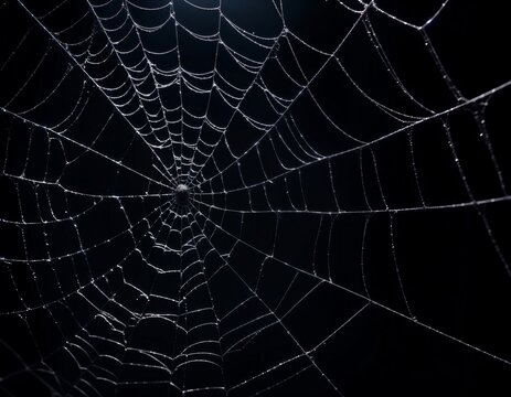 intricate white spider web close up on a black background