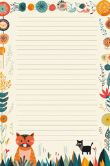 Notepad illustration design with whimsical animals and flowers around the edge.  Copy space.