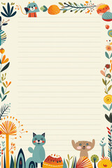 Notepad illustration design with whimsical animals and flowers around the edge.  Copy space.