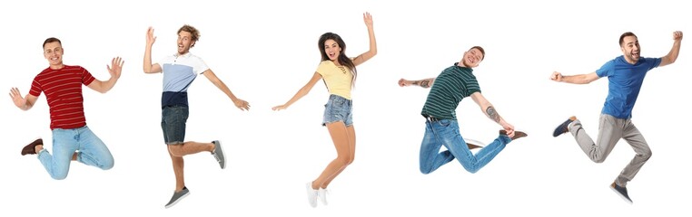 People jumping on white background, collage with photos