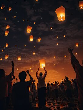 people releasing paper lanterns into the sky at night with their hands up in the air as if they are flying away