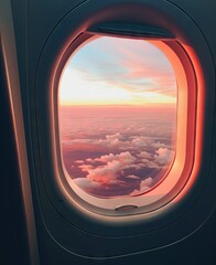 an airplane window with the sun setting in the sky and clouds seen through the plane's portholes
