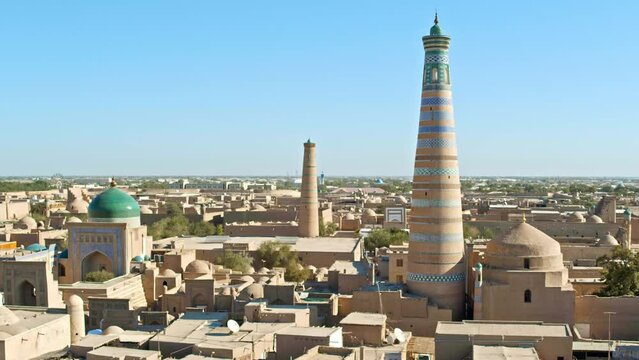 Wide, flying over the city of Khiva in Uzbekistan