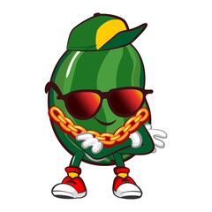 Vector mascot, cartoon and illustration of a cute watermelon in hip hop style wearing a hat with black glasses and a gold chain necklace