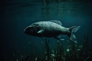 Fototapeta premium a fish swimming in the water, with its mouth open and it's head turned to look like an alien