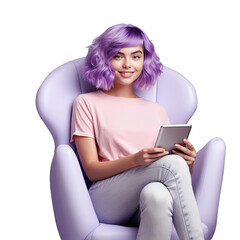 Attractive girl using a device sitting in a chair posting on social media against a transparent background
