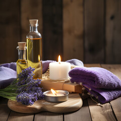 Obraz na płótnie Canvas Lavender and other essential oils with lit candles and purple towels. A relaxation and wellness theme. Generative ai. 