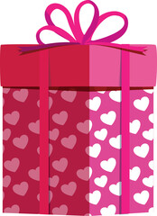 Present box wrapped in heart pattern paper. Romantic gift icon