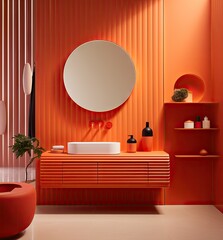 a modern bathroom with orange walls and white flooring, there is a round mirror on the wall above the sink