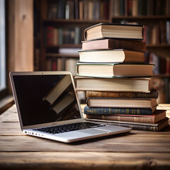 Laptop next to a stack of books. A knowledge and literature concept mixed with modern computer technology. Generative ai. 