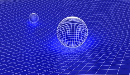 The theory of gravity and general relativity. Earth and Sun over warped spacetime. Sphere is affecting space time around it. 3D Rendering.