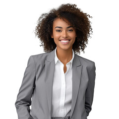 African American businesswoman in grey suit with white shirt posing isolated on transparent background Career success concept Mock up Looking to the side